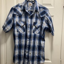 Ely Cattleman Western Shirt Pearl Snap Mens M Blue Plaid Rodeo Medium