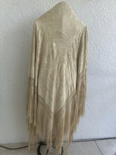 Antique Victorian Cream Silk Piano Shawl Embroidered Figural Floral Birds Fringe