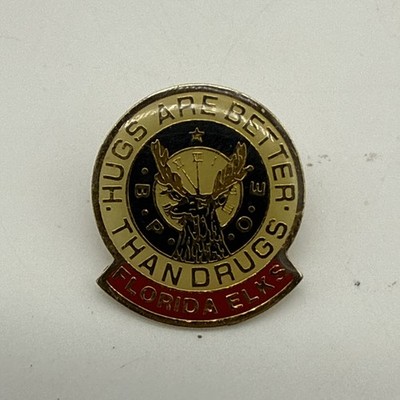 Hugs Not Drugs Florida Elks Lodge Benevolent Protective Order Enamel Hat Pin EUC