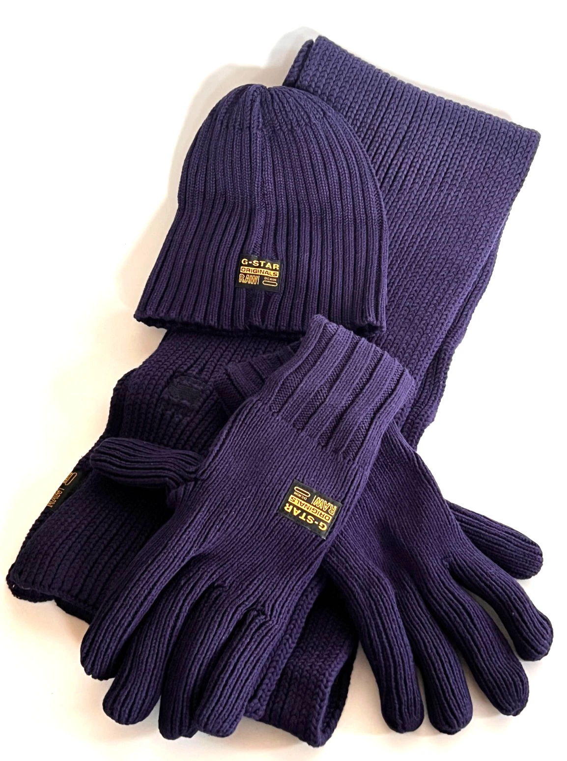 G Star RAW Womens Cotton Knit Gloves/Scarf/Beanie Hat Gift Set Brittany Blue