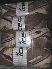 4-Skein Lot Ice Aran Verigated  Yarn 80 % Acrylic 20% Polyamide Tan Brown Pink