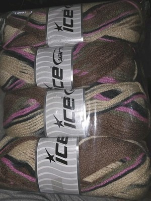 4-Skein Lot Ice Aran Verigated  Yarn 80 % Acrylic 20% Polyamide Tan Brown Pink