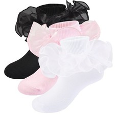 Girls Ruffle Socks Frilly Double Lace Socks Cotton Turn Cuff Socks 2-3 Years ...