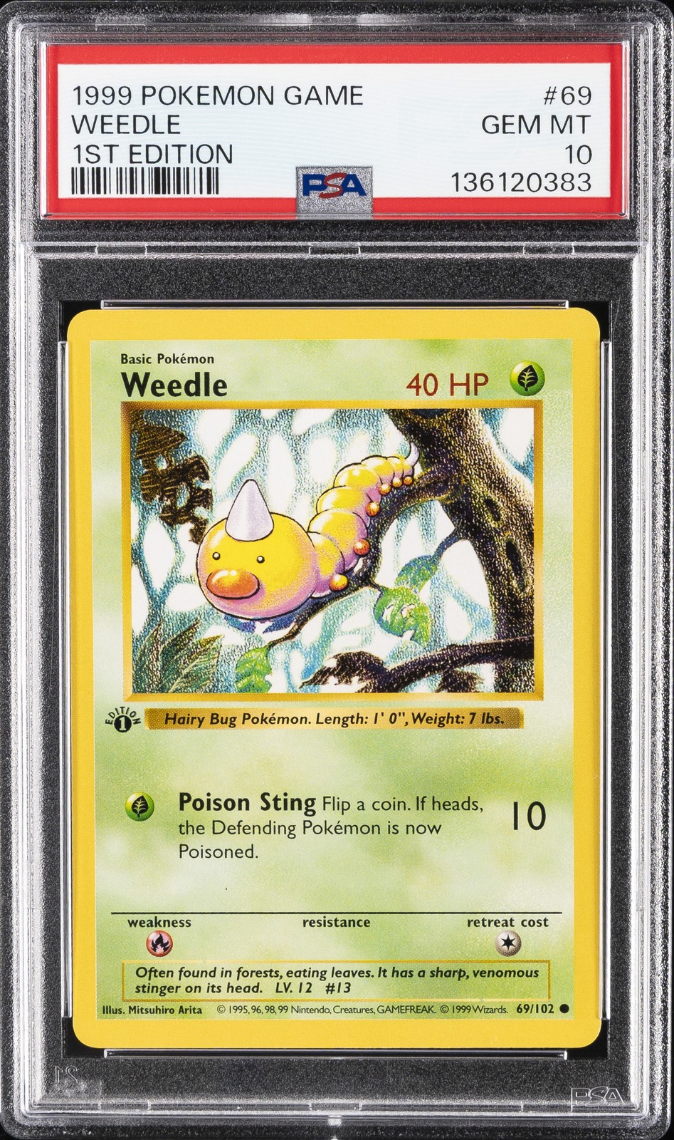 1999 POKEMON BASE SET 1ST EDITION #69 WEEDLE PSA 10