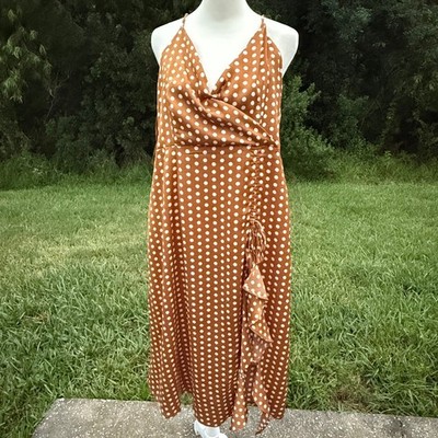 Polka Dot Ruffle Boho Coquette Cottagecore Midi Dress Women XL Mustard
