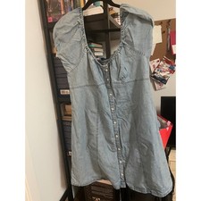 Madewell Denim Square Neck Puff Sleeve Button Front A Line Dress