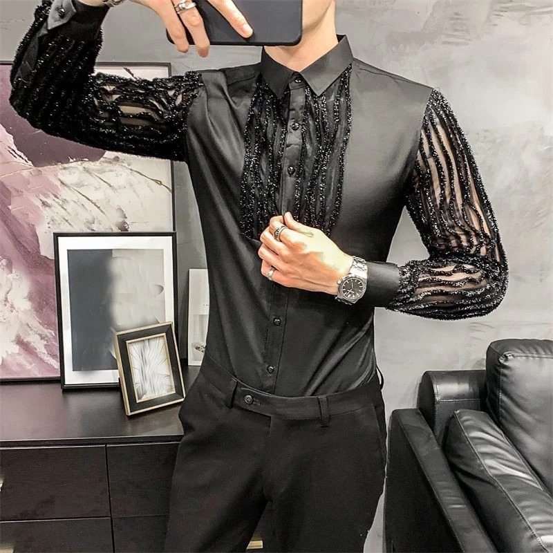 Men's Fashion Lace Korean Slim Fit Shirts Casual Wedding Button Dress Shirts - Image 2 of 4