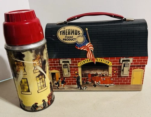 Vintage 1959 Firehouse Dome Metal Lunchbox & Thermos