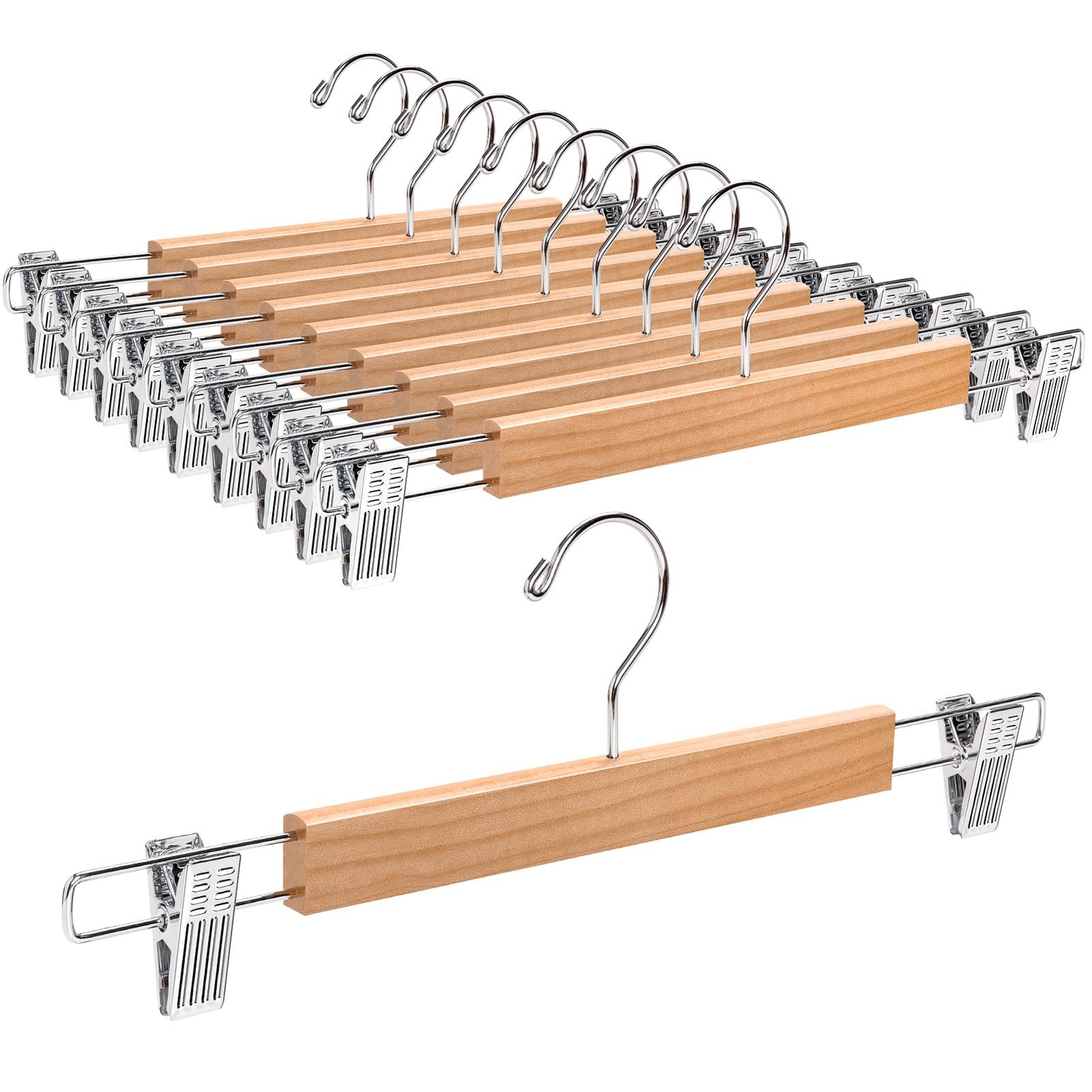 36cm Natural Wooden Trousers Hangers 10pcs, Smooth Wood Skirt Hanger Organize...