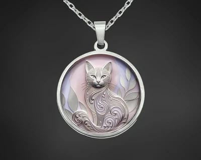 Halskette Kette Mit Rundem Glas Anhänger Silber Katze Rosa Mädchen Frau Damen - Bild 1 von 4