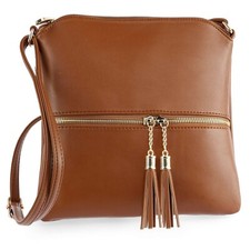 New Tassel Accented Crossbody Sling Purse, Shoulder Bag, Lt Brown, Free Shipping