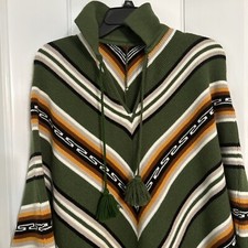Vintage Poncho Woven Green Multi Color Inca Aztec From Ecuador 1960s