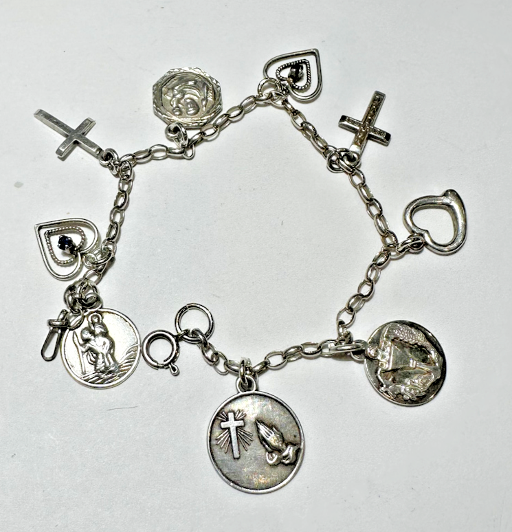 Dangle Charms Religious Cross Heart Saint Anthony Silver Vintage