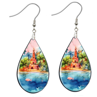 Sandy Beach & Sand Castle Earrings NO TARNISHING Wood Teardrop Tropical Ocean