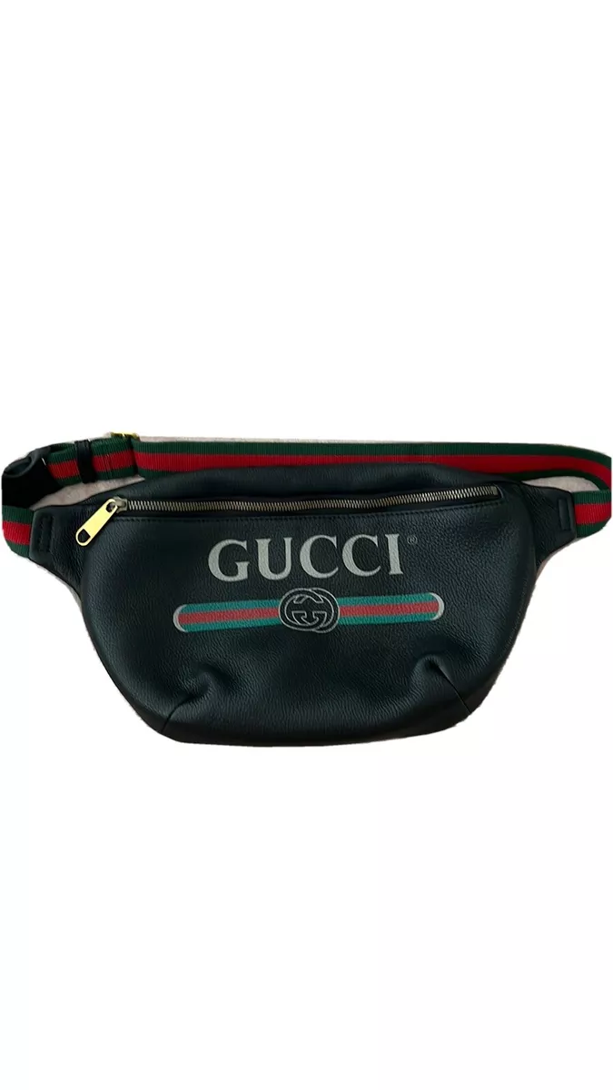 GUCCI Print Leather Black Belt Travel Waist Bum Bag 493869-US