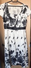 Women's Prom Dress Floral Print Short Sleeve Black Roses Small Size Off White
