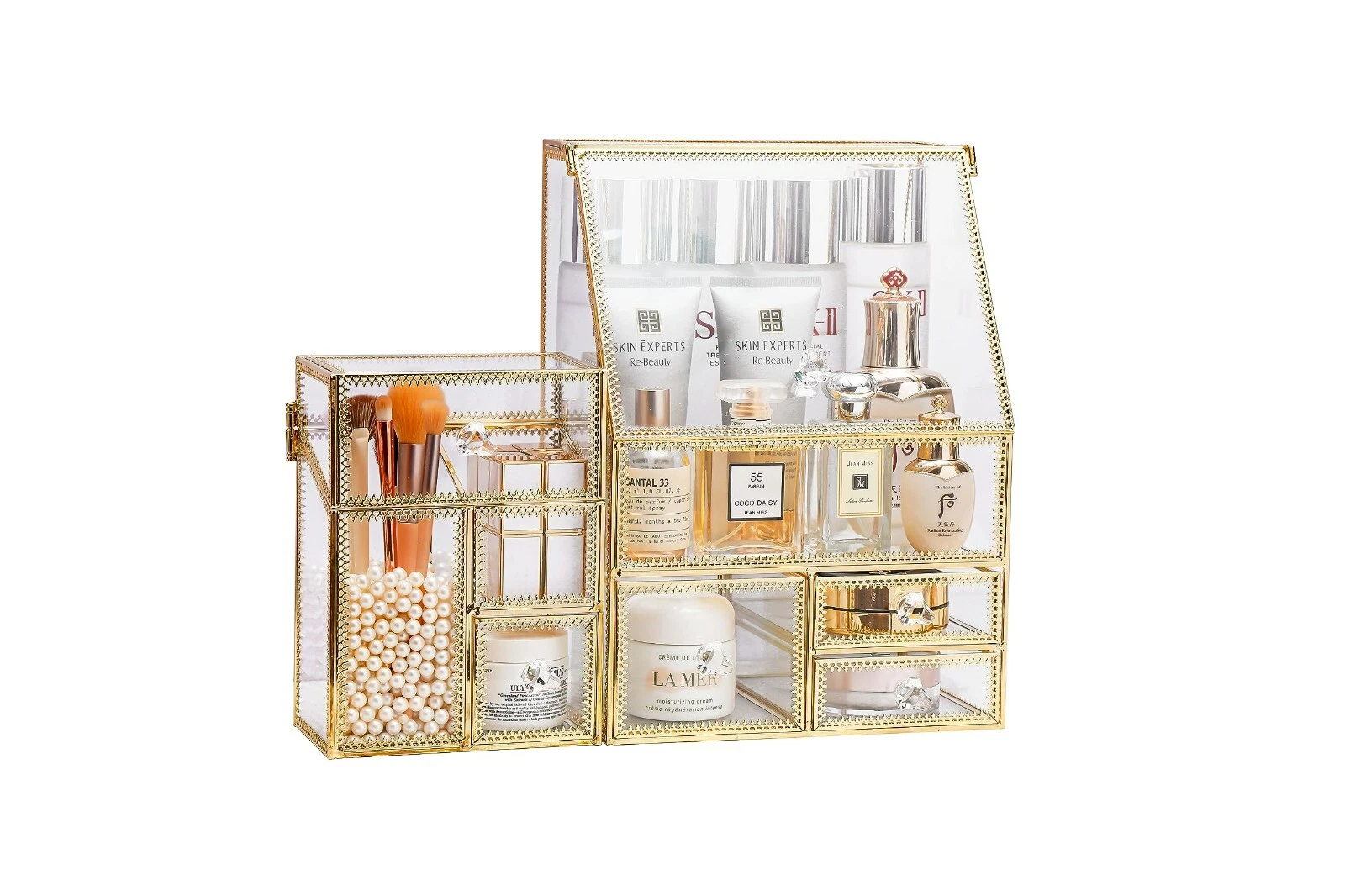 Vanity Organizer MOOCHI Golden 3 Pieces Makeup Luxury Tempered