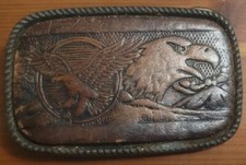 American Double Bald Eagle Leather  Metal Belt Buckle 1980s Made In USA No. 101