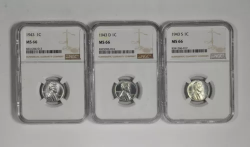 1943 P D S 1C Lincoln Steel Wheat Cent NGC MS 66 Three Coin Lot