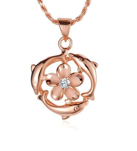ROSE GOLD PLATED SILVER 925 HAWAIIAN 9MM PLUMERIA FLOWER 3 SHINY DOLPHIN PENDANT - Picture 1 of 1