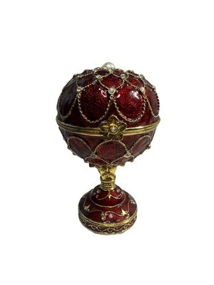 Easter Egg Style Red Painted Enamel Trinket Box with Hinged
