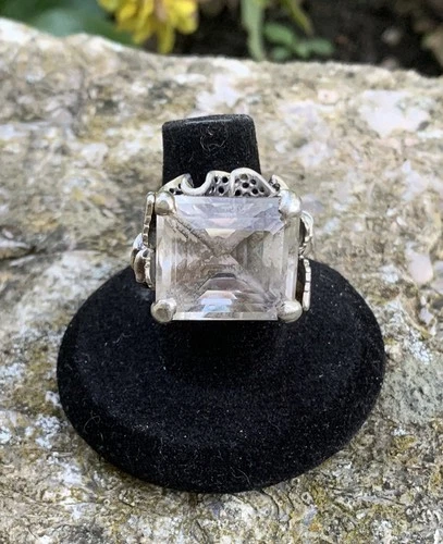 Vintage Style Asscher Cut Rock Crystal CZ Cocktail Ring Sterling Silver Size 7