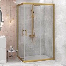 Rectangle Brushed Brass Corner Entry Shower Enclosure Walk In Sliding Door Glass