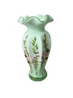 Vtg Fenton Vase Ruffled Rim hand Painting Roses Infused Green, 9”