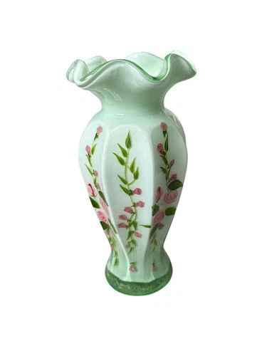 Vtg Fenton Vase Ruffled Rim hand Painting Roses Infused Green, 9”