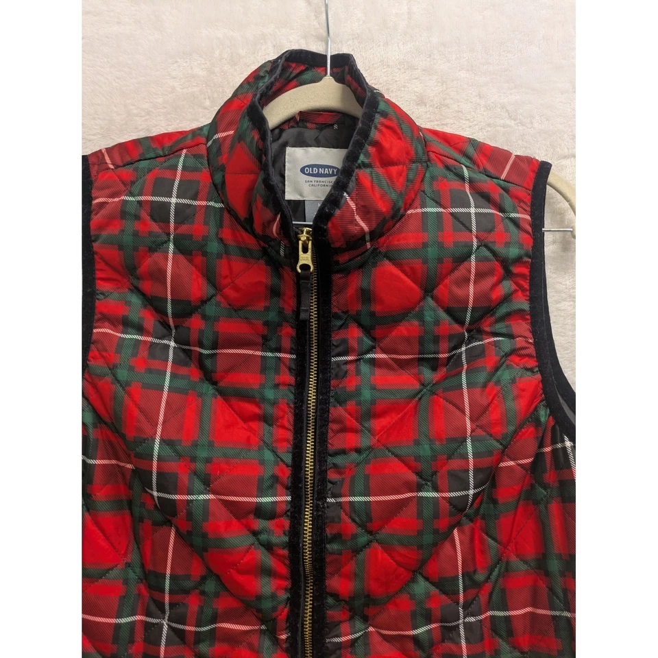 Chaleco a Cuadros Acolchado Azul Marino Antiguo para Mujer Rojo Verde Blanco Bolsillos con Cremallera Completa Talla M Foto 3 de 4