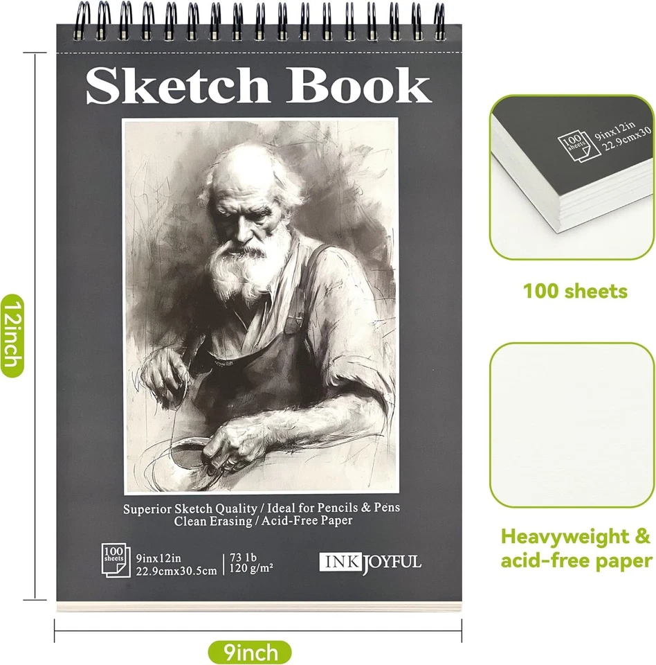 Large 9x12 Artist Sketch Pad, Hardcover Spiral Bound, 100 Acid-Free Paper Sheets - Image 4 of 4