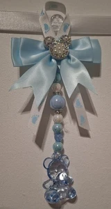 Pram charms*new*boys blue Crystal Dummy With Mixed Beads Blue Bow teddy on bow