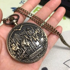 Cowboy Design 3D Embossed Pocket Watch Quartz Arabic Dial Birthday Gift w/ Chain