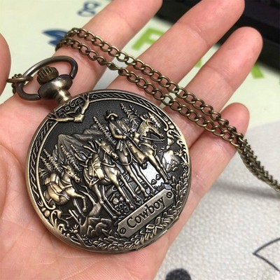 Cowboy Design 3D Embossed Pocket Watch Quartz Arabic Dial Birthday Gift w/ Chain