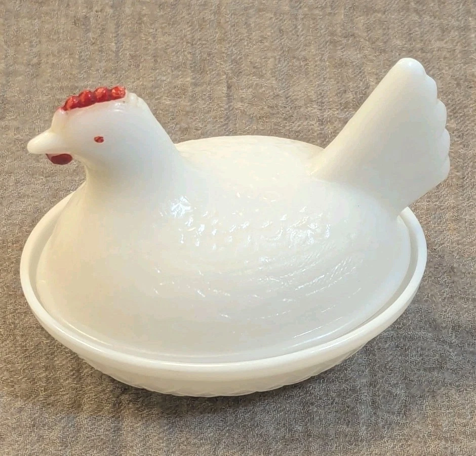 VINTAGE Milk Glass HEN ON NEST Covered Dish Egg Butter 4" White Farmhouse