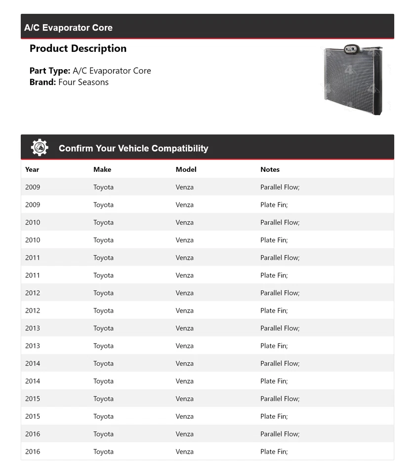 Núcleo evaporador aire acondicionado Toyota Venza 2009-2016 4 estaciones 2010 2011 2012 2013 Foto 2 de 4