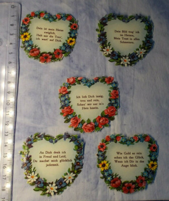 OF-A243 X: 5 Herzen m Spruch, alte Glanzbilder, Oblaten, Scrap, Prägedruck, 3D