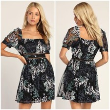 Lulus Radiant Love Black Embroidered Short Sleeve Skater Dress Size XL Lined