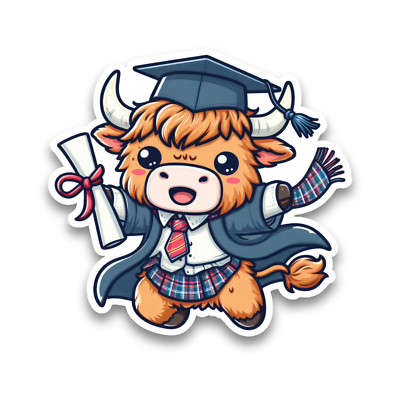 Graduation Animal Highland Cow Vinyl Sticker Decal Car Window Scrapbook 100x95mm