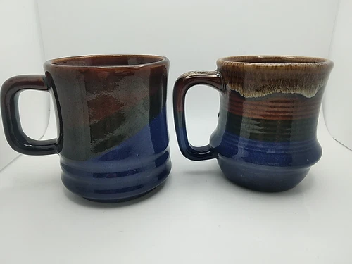 Set Of 2 HandThrown Blue Mcm Drip Glaze Pottery Mugs