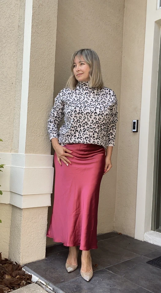 Suéter Cynthia Rowley Rosa Plata Metálico Leopardo, Talla L, NUEVO con Etiqueta