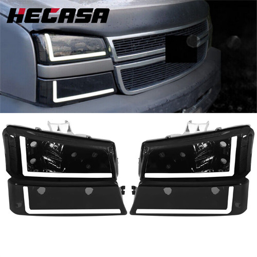 Smoke Headlights Bumper Lamps Fit For 03-07 Chevy Silverado Avalanche w/ LED DRL