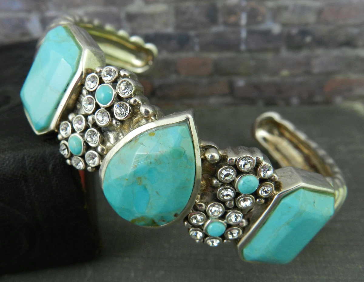 Signed Designer Barse 925 Sterling Silver Turquoise CZ Fancy Cuff Bracelet