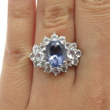 925 Sterling Silver Real Oval-Cut Iolite  Round-Cut White Topaz Ring Size 6