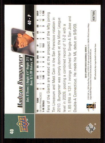 2010 Upper Deck #40 Madison Bumgarner RC - Picture 2 of 2