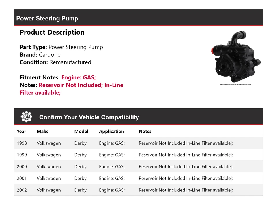 Bomba de dirección asistida GAS Cardone 1999 2000 2001 para Volkswagen Derby 1998-2002 Foto 2 de 4