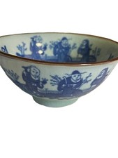 Vtg 3 Immortals Qing Dynasty Bowl Blue- Gray Hand Painted Signed