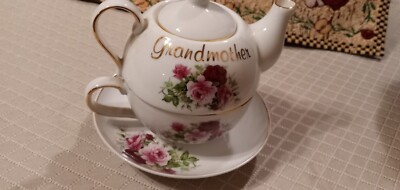 Casa Nova Porcelain Tea-Pot, Cup and Saucer Gold Trim and Flowers (Grandmother)