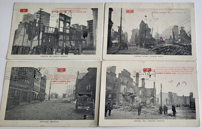 4 1904 ADVERTISING PCs DARBY CANDY CO BALTIMORE, MD SCENES BALTO'S GREAT FIRE