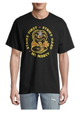 Cobra Kai STRIKE FIRST STRIKE HARD NO MERCY L T-shirt Ripple Junction  Mr Miyagi
